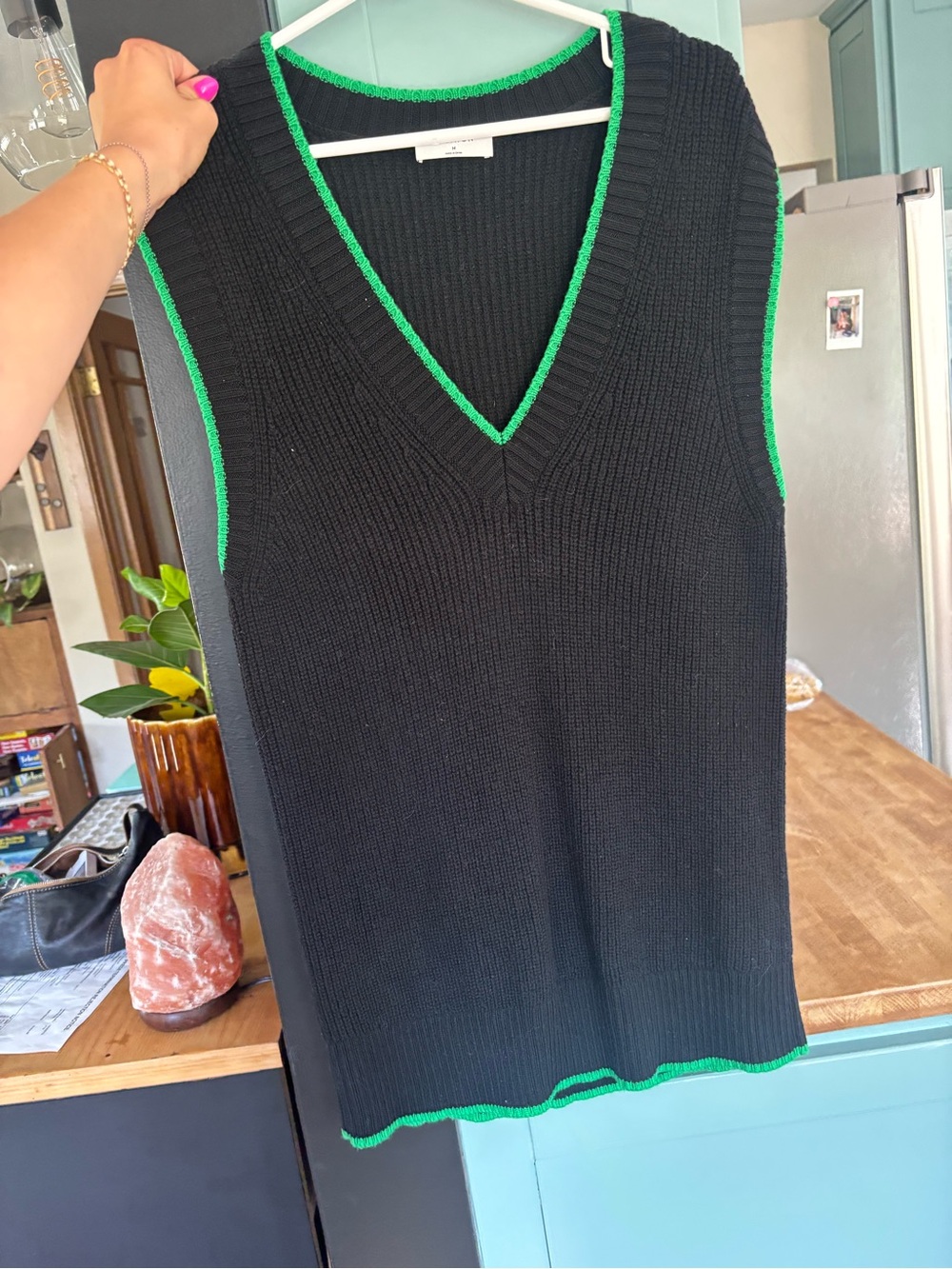 Babaton Black V-Neck Knit Sleeveless Sweater with Green Trim